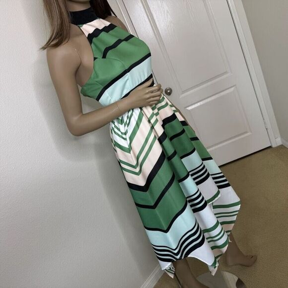 Anthropologie Troubadour Dress Sz 2 Green Stripe Candymint Halter Asymmetric Mid - Picture 1 of 11
